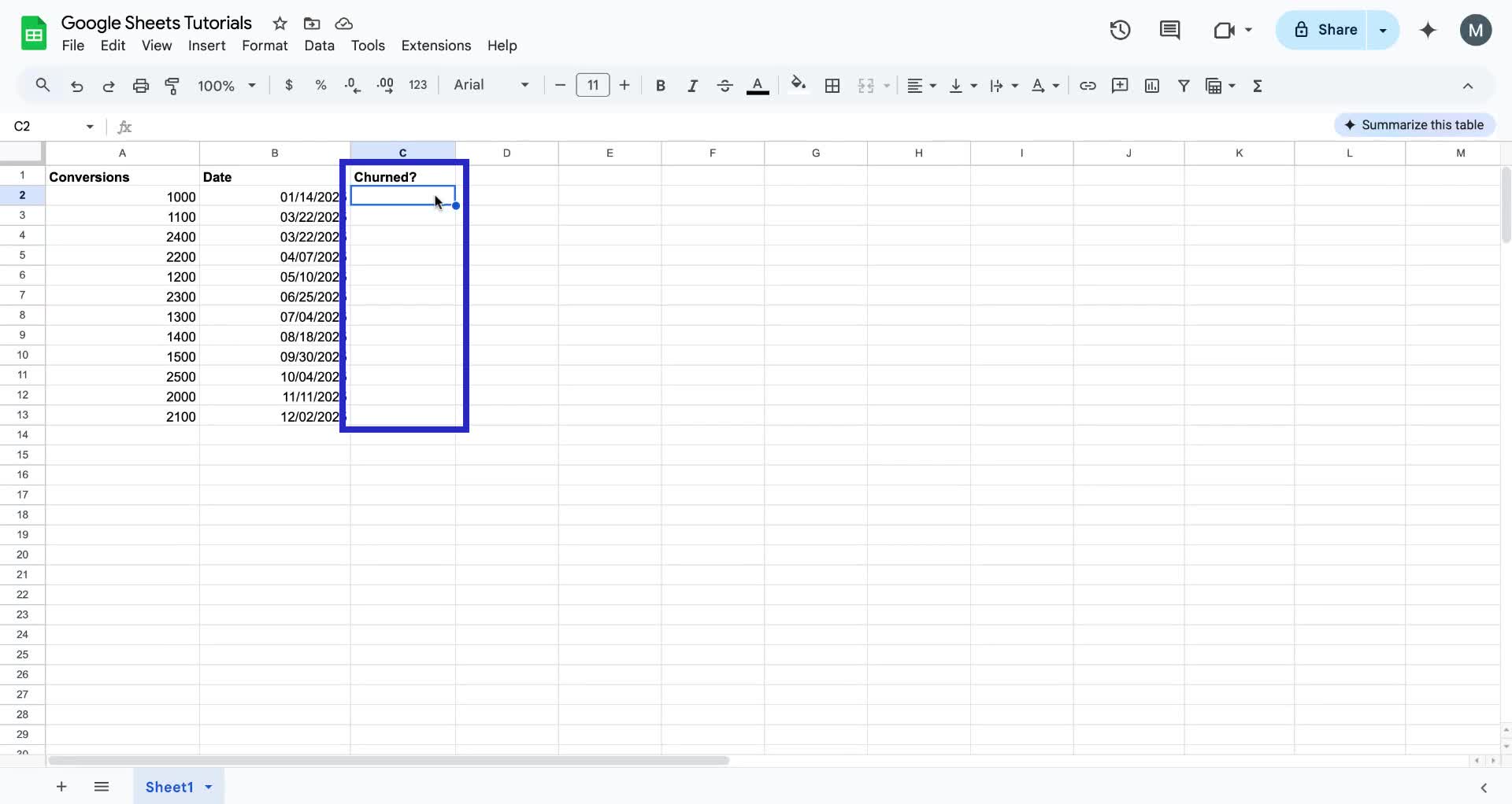 Screenshot of how to add dropdown lists in Google Sheets step 1