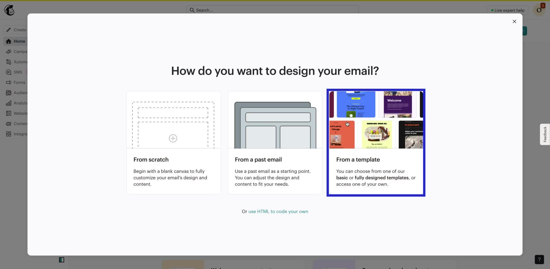 Screenshot of how to create a newsletter in Mailchimp step 2