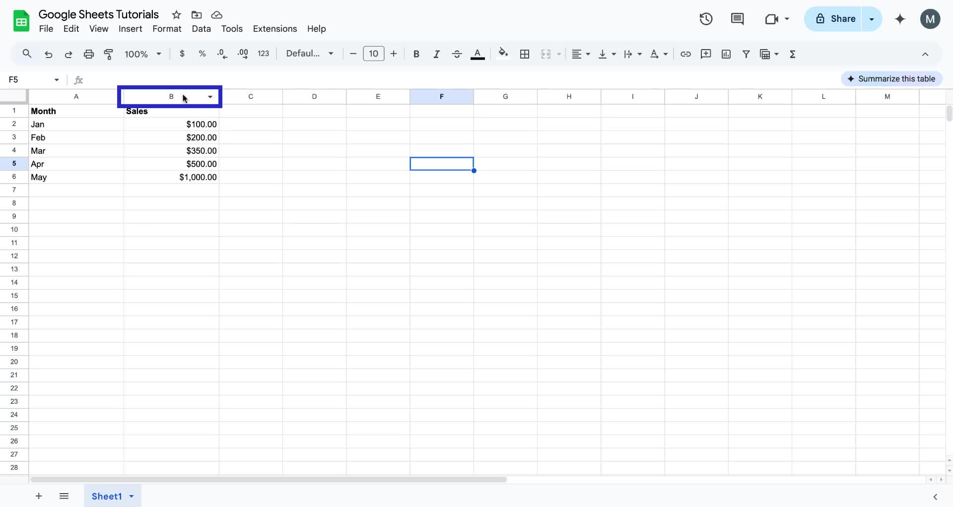 Screenshot of how to hide columns in Google Sheets step 1