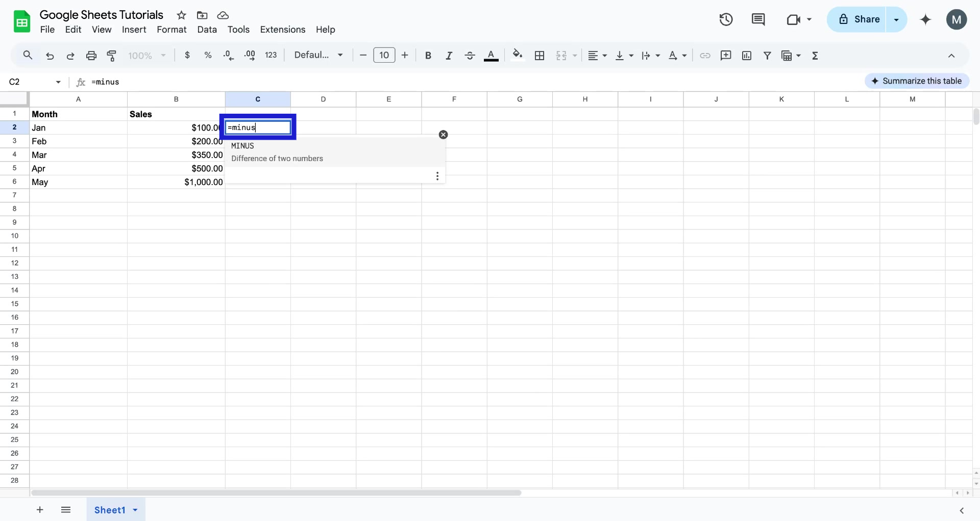 Screenshot of how to subtract in Google Sheets step 1