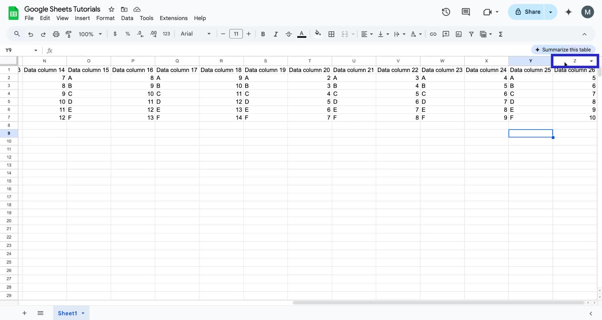 Screenshot of how to add columns in Google Sheet step 1