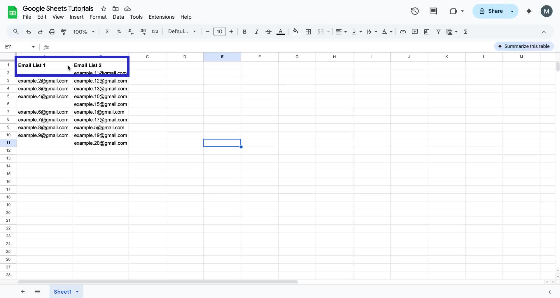 Screenshot of how to freeze a row in Google Sheets step 1