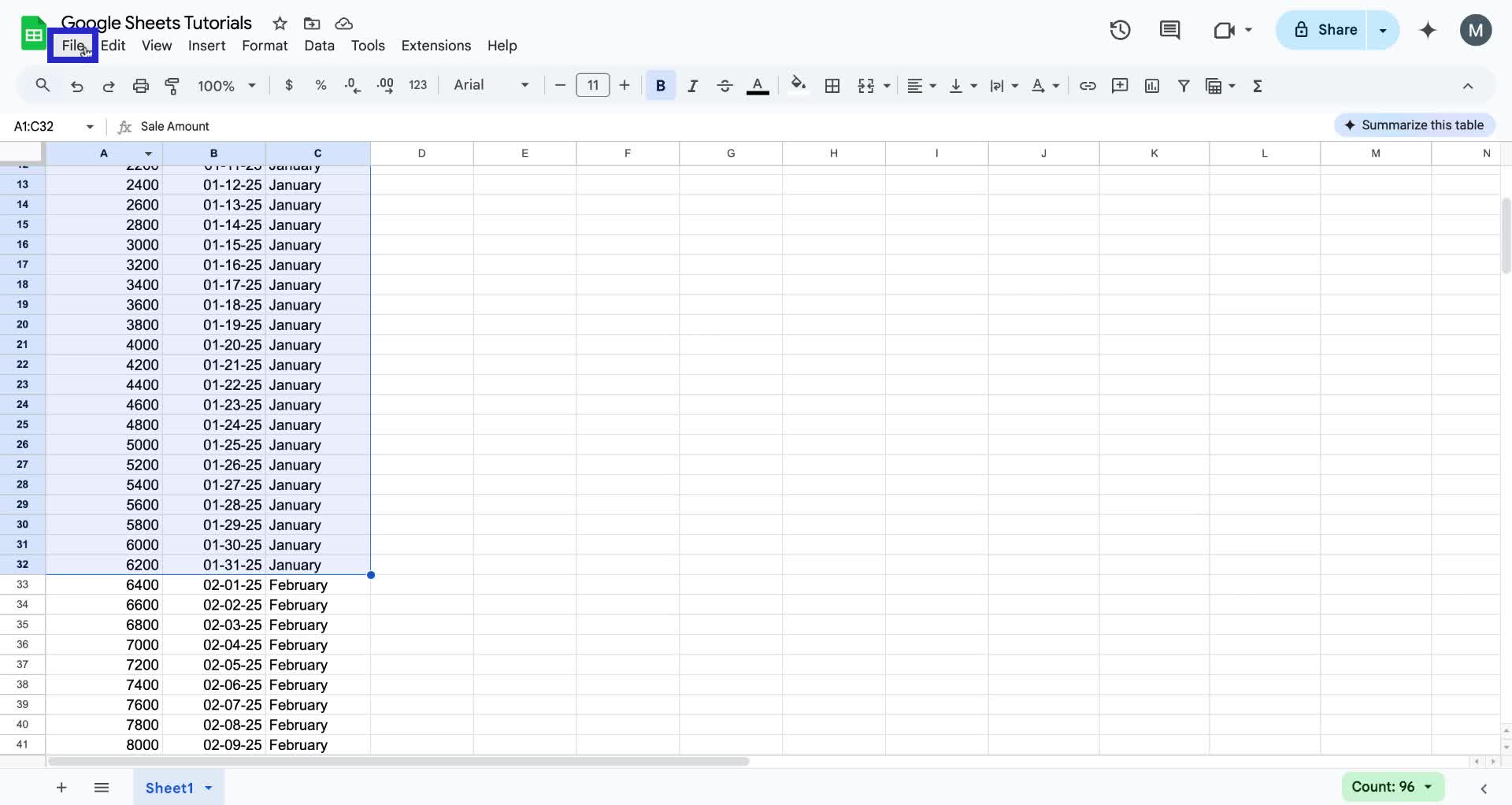 Screenshot of how to set print area in Google Sheets step 2