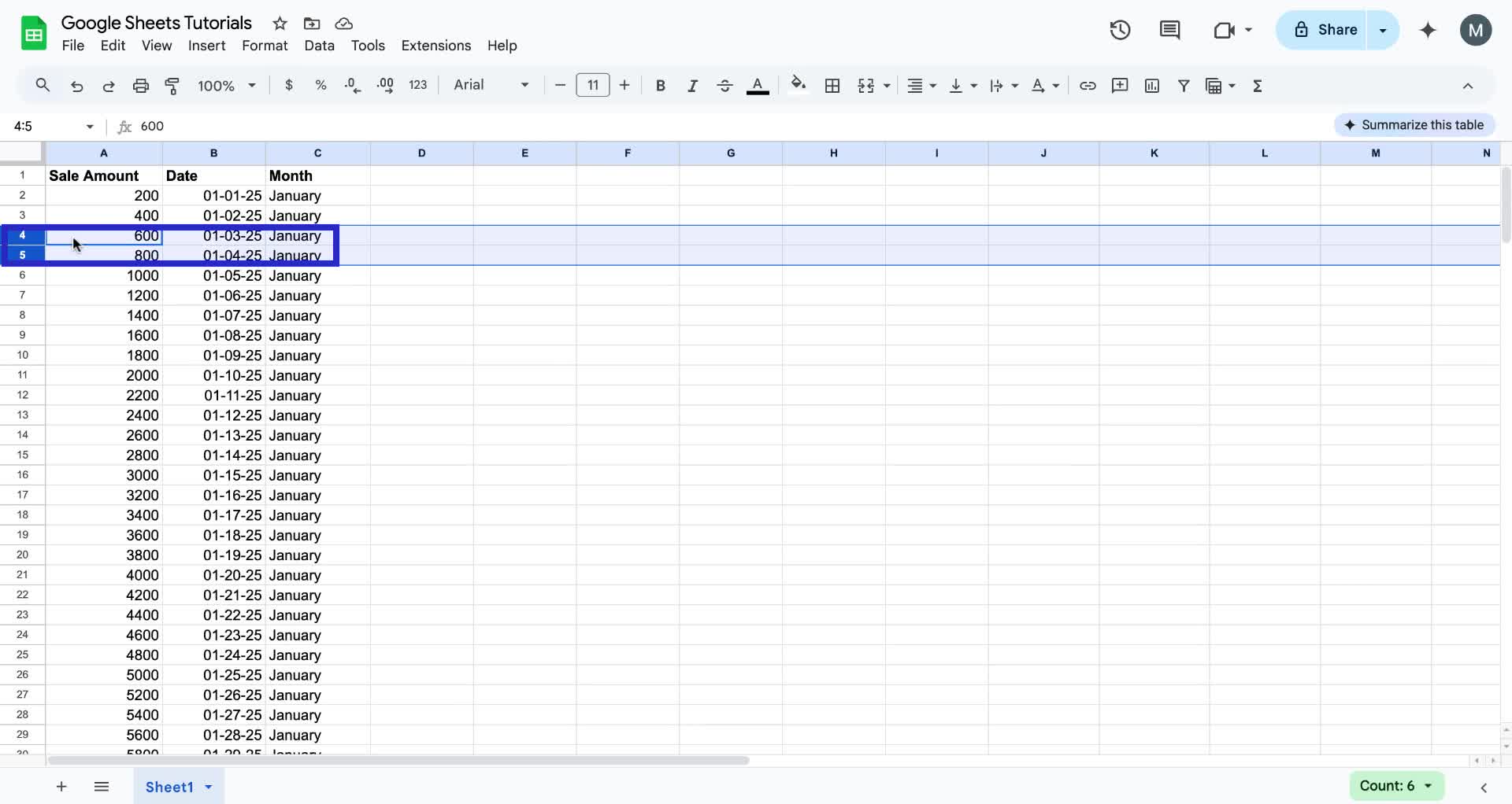 Screenshot of how to hide rows in Google Sheets step 2