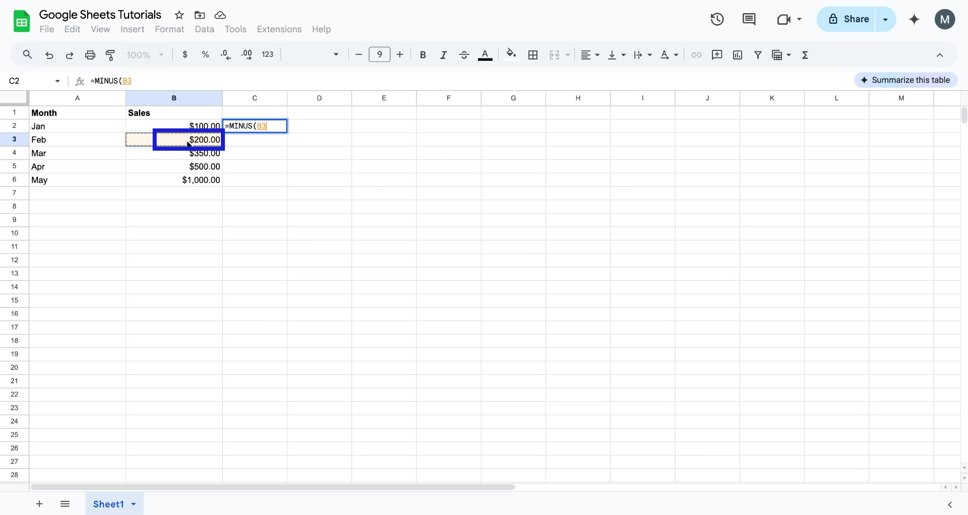 Screenshot of how to subtract in Google Sheets step 2
