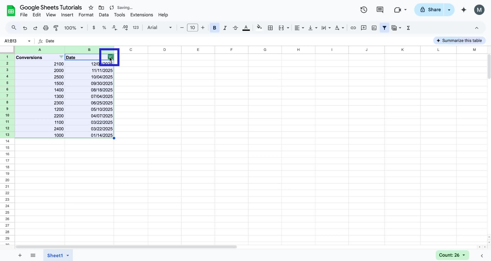 Screenshot of how to sort by date in Google Sheets step 2