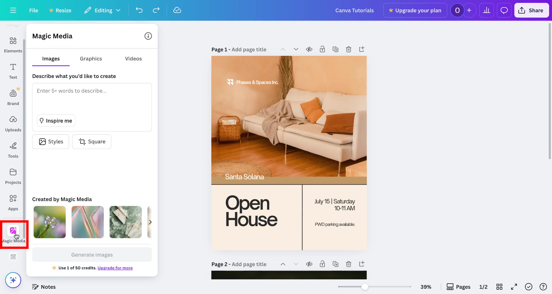 Screenshot of how to use AI in Canva step 1