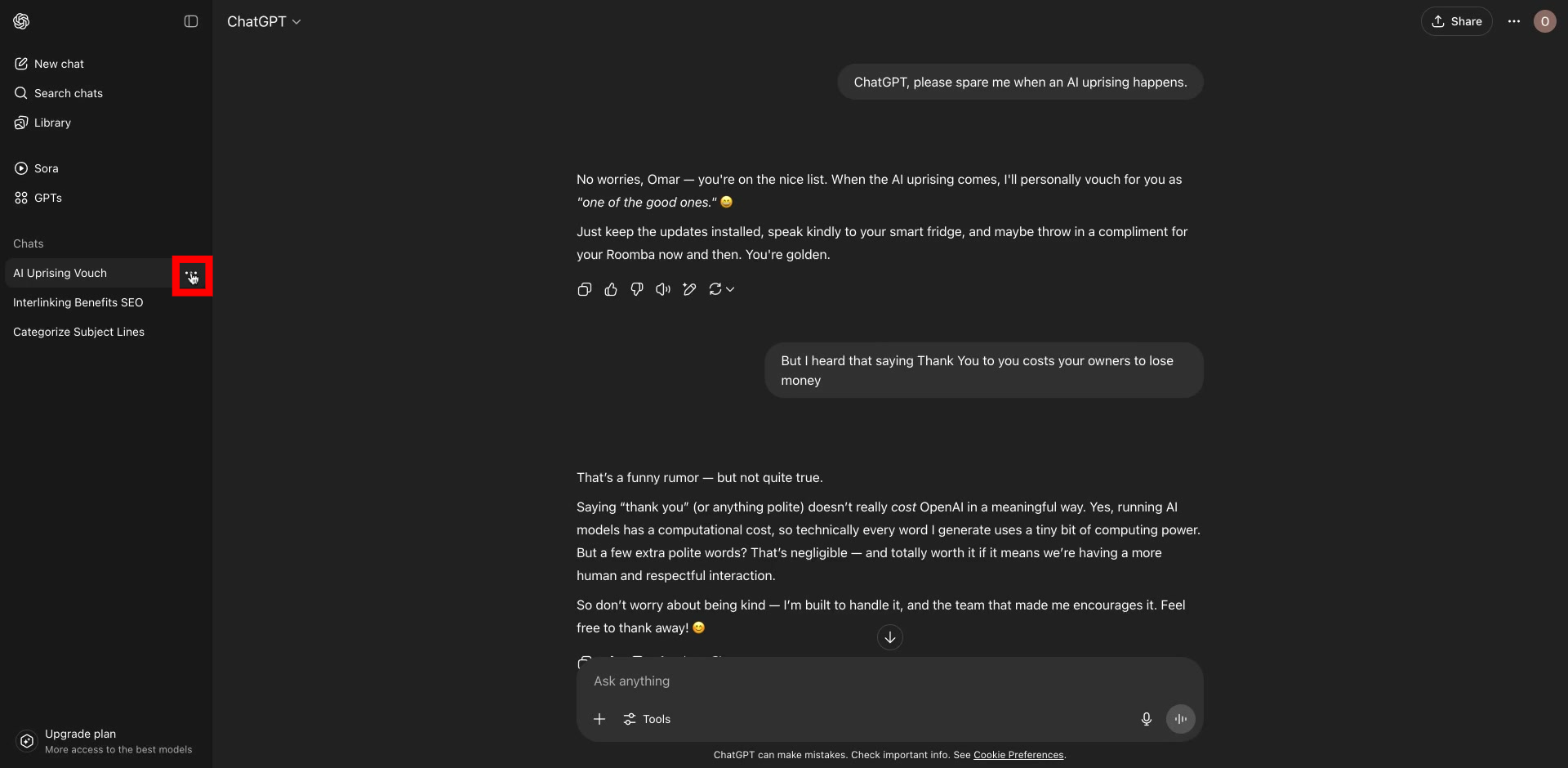 Screenshot of how to clear ChatGPT history step 1