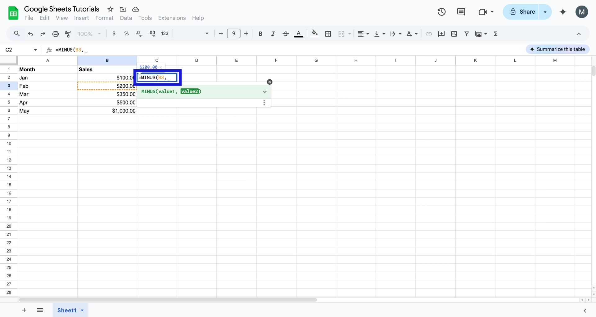 Screenshot of how to subtract in Google Sheets step 3