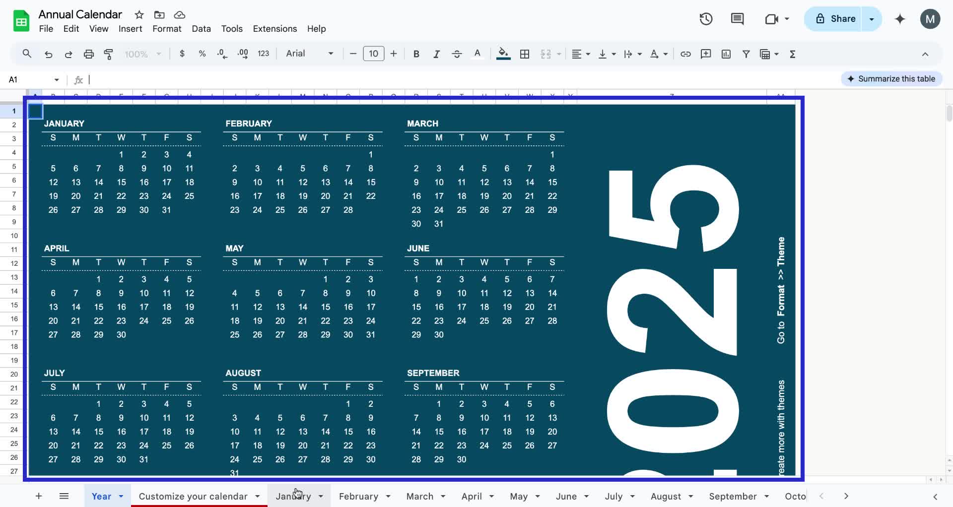 Screenshot of how to make a calendar in Google Sheets step 3