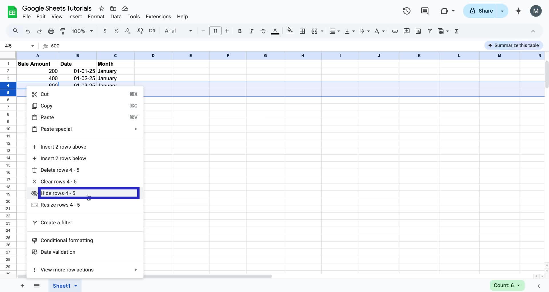 Screenshot of how to hide rows in Google Sheets step 3
