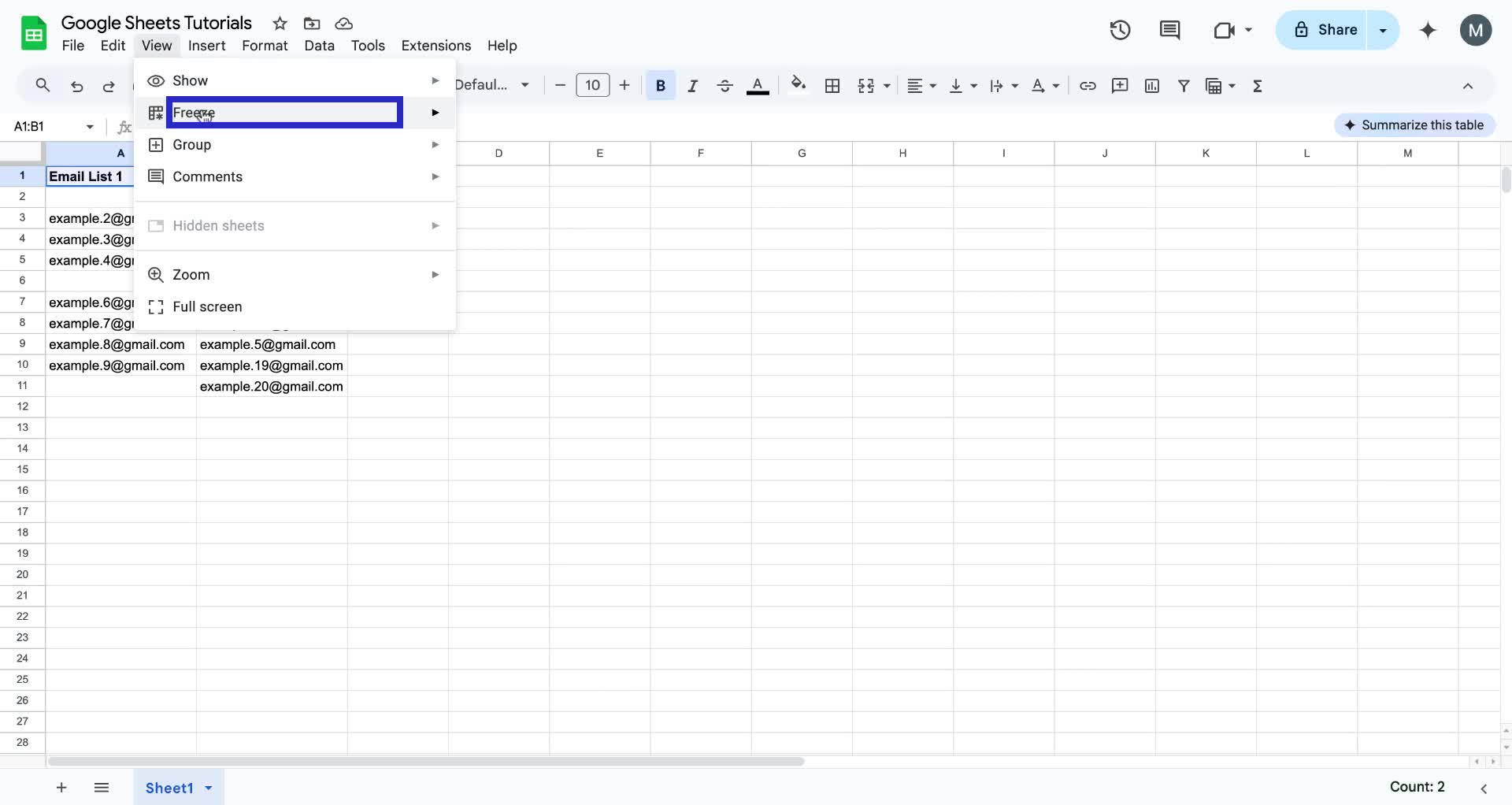 Screenshot of how to freeze a row in Google Sheets step 3