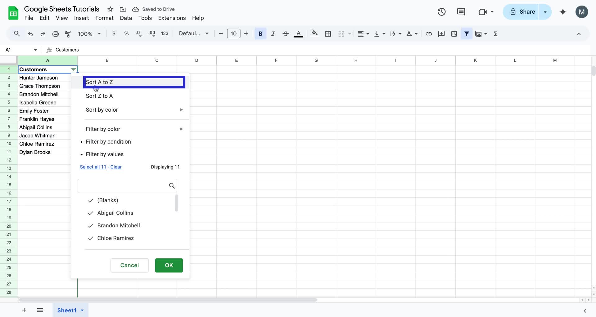 Screenshot of how to alphabetize in Google Sheets step 4