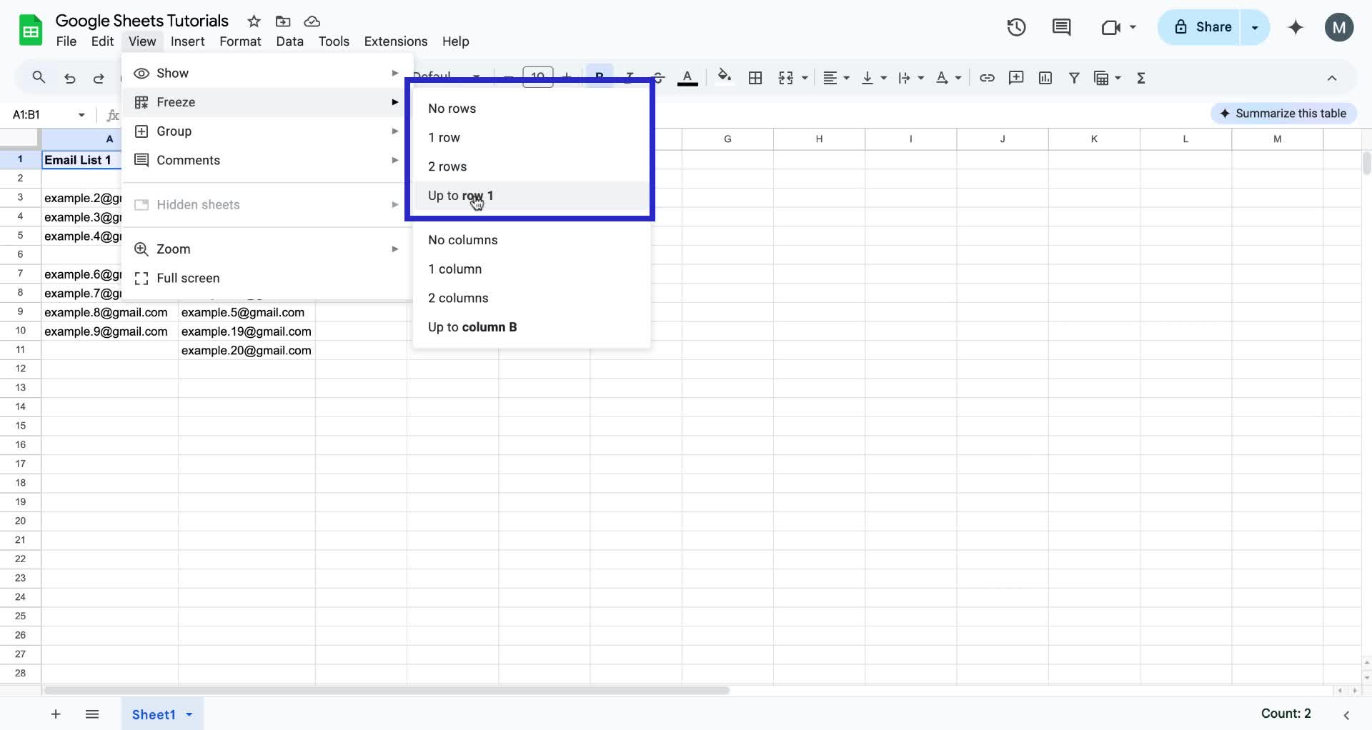 Screenshot of how to freeze a row in Google Sheets step 4
