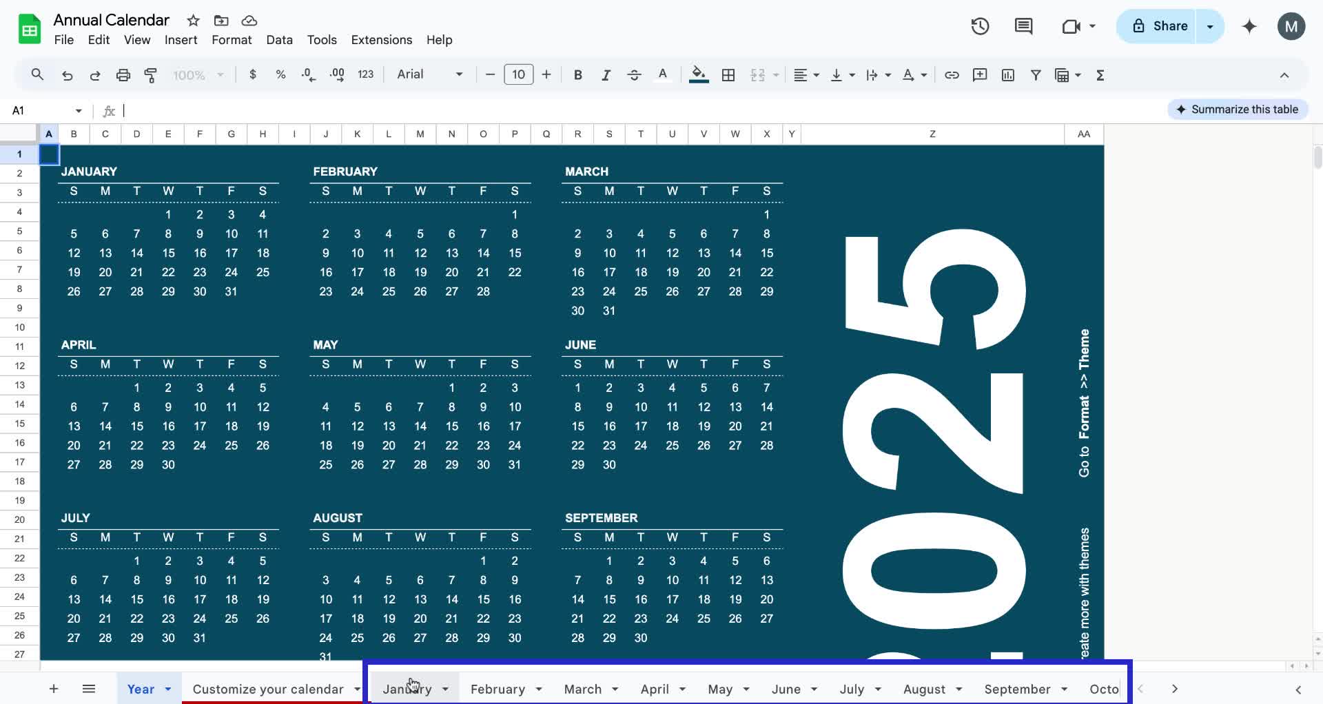 Screenshot of how to make a calendar in Google Sheets step 4