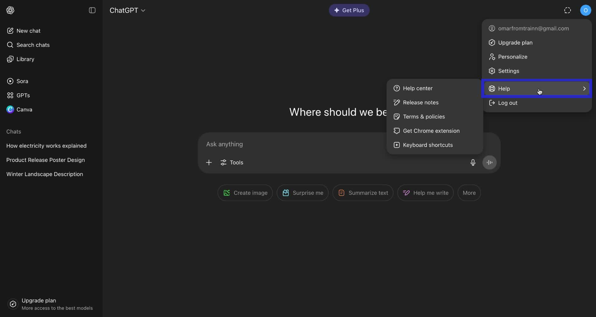 Screenshot of how to contact support for ChatGPT step 1