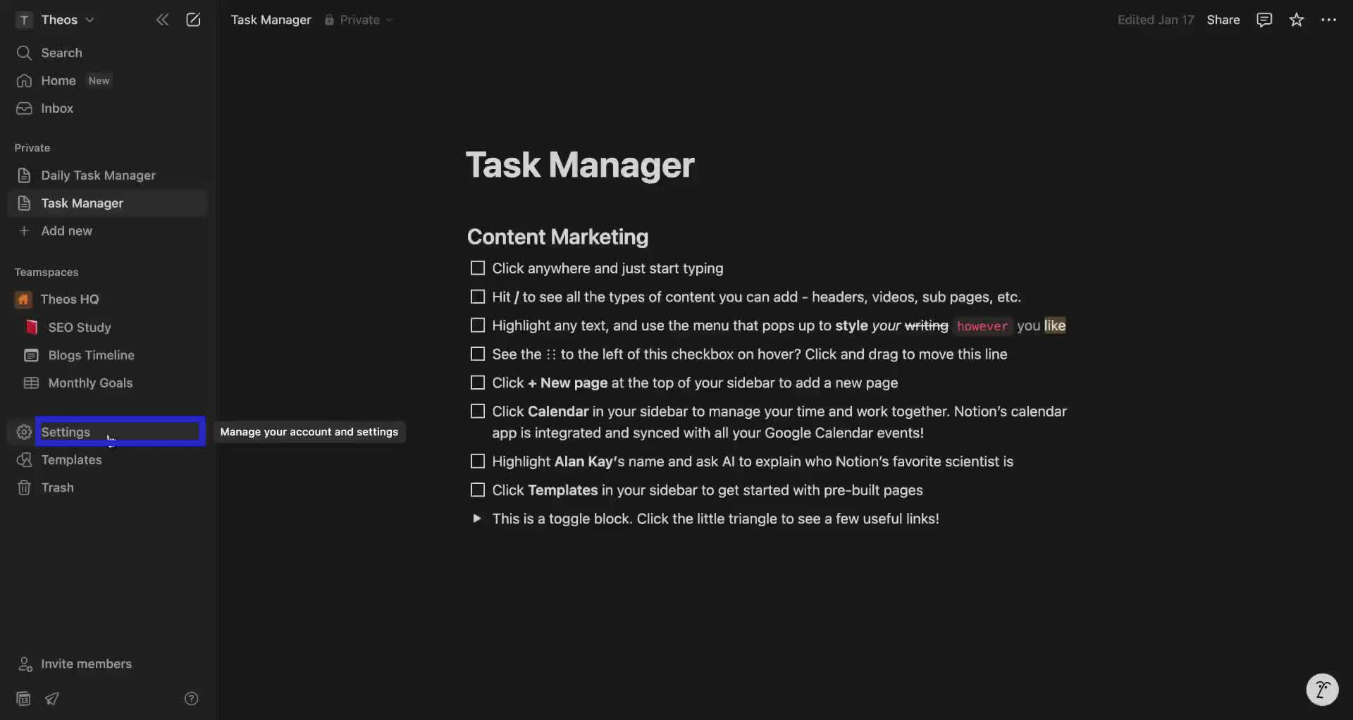 Screenshot of how to make notion light mode step 1