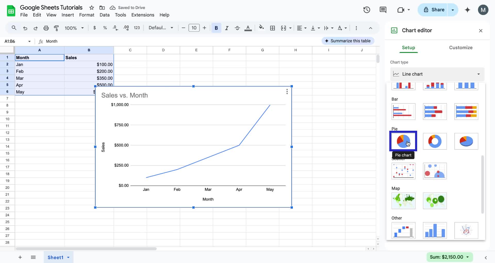 Screenshot of how to make a pie chart in Google Sheets step 5