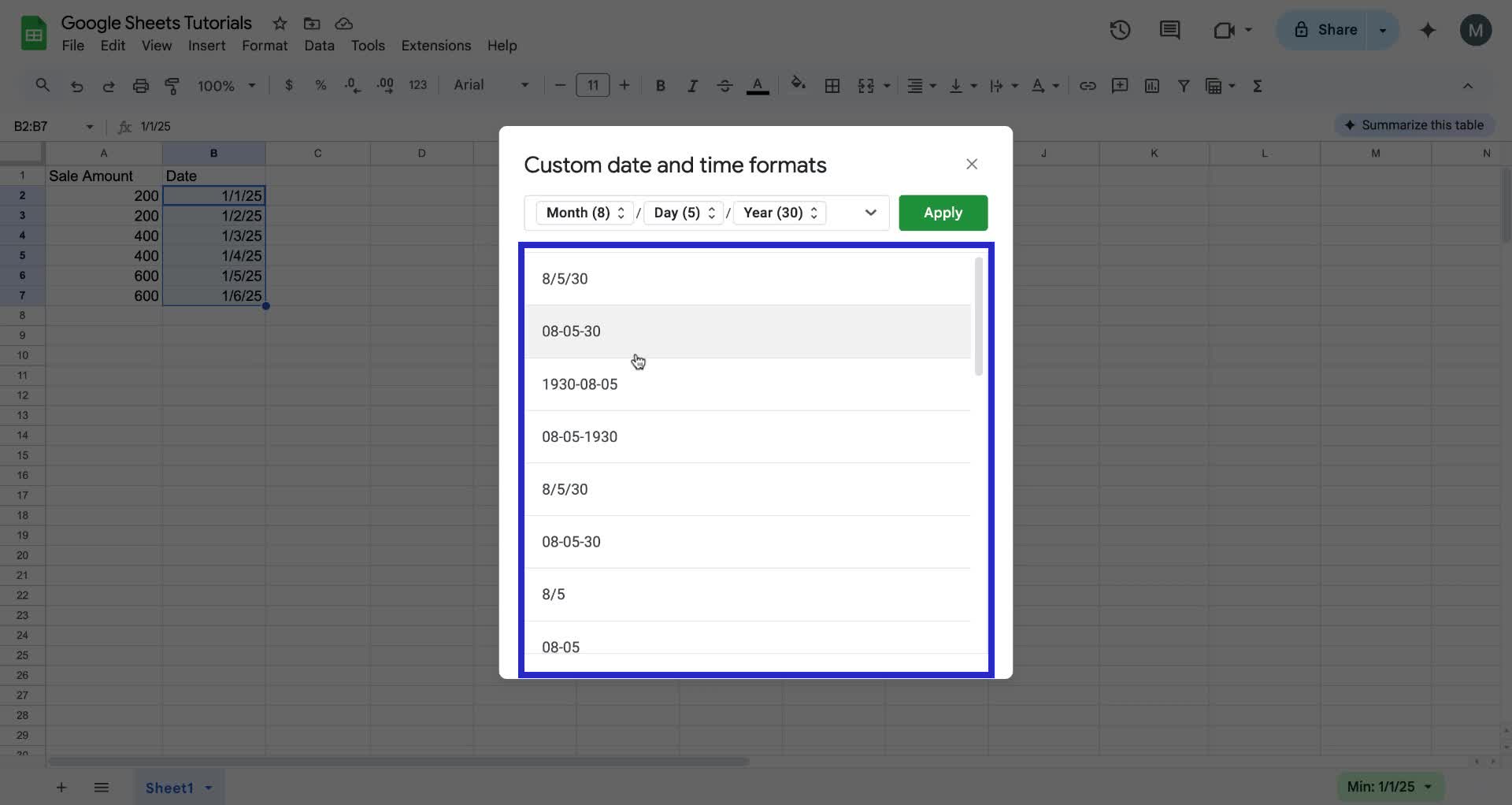 Screenshot of how to change date format in Google Sheets step 5