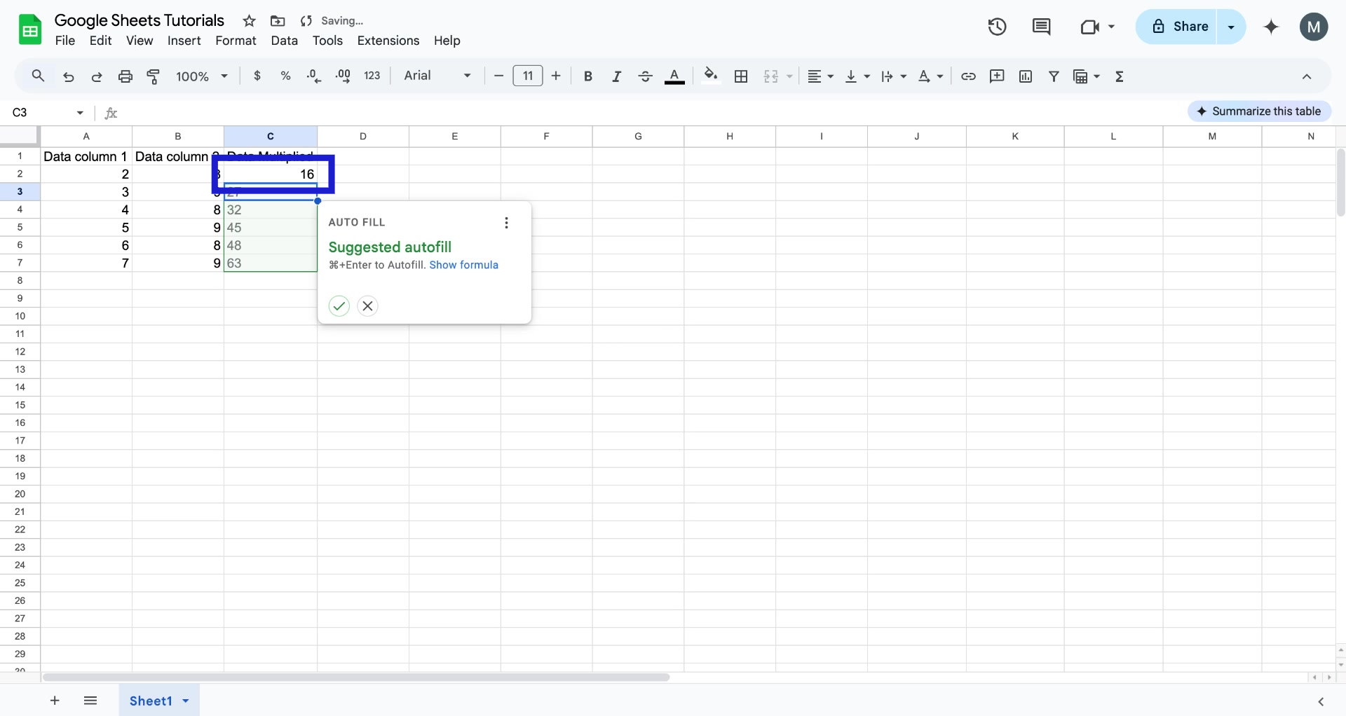 Screenshot of how to multiply in Google Sheets step 5