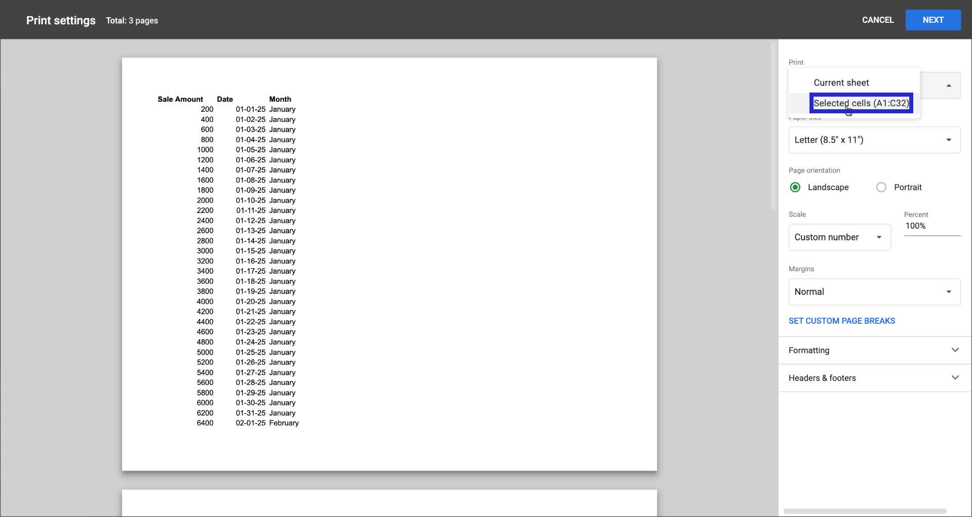Screenshot of how to set print area in Google Sheets step 5