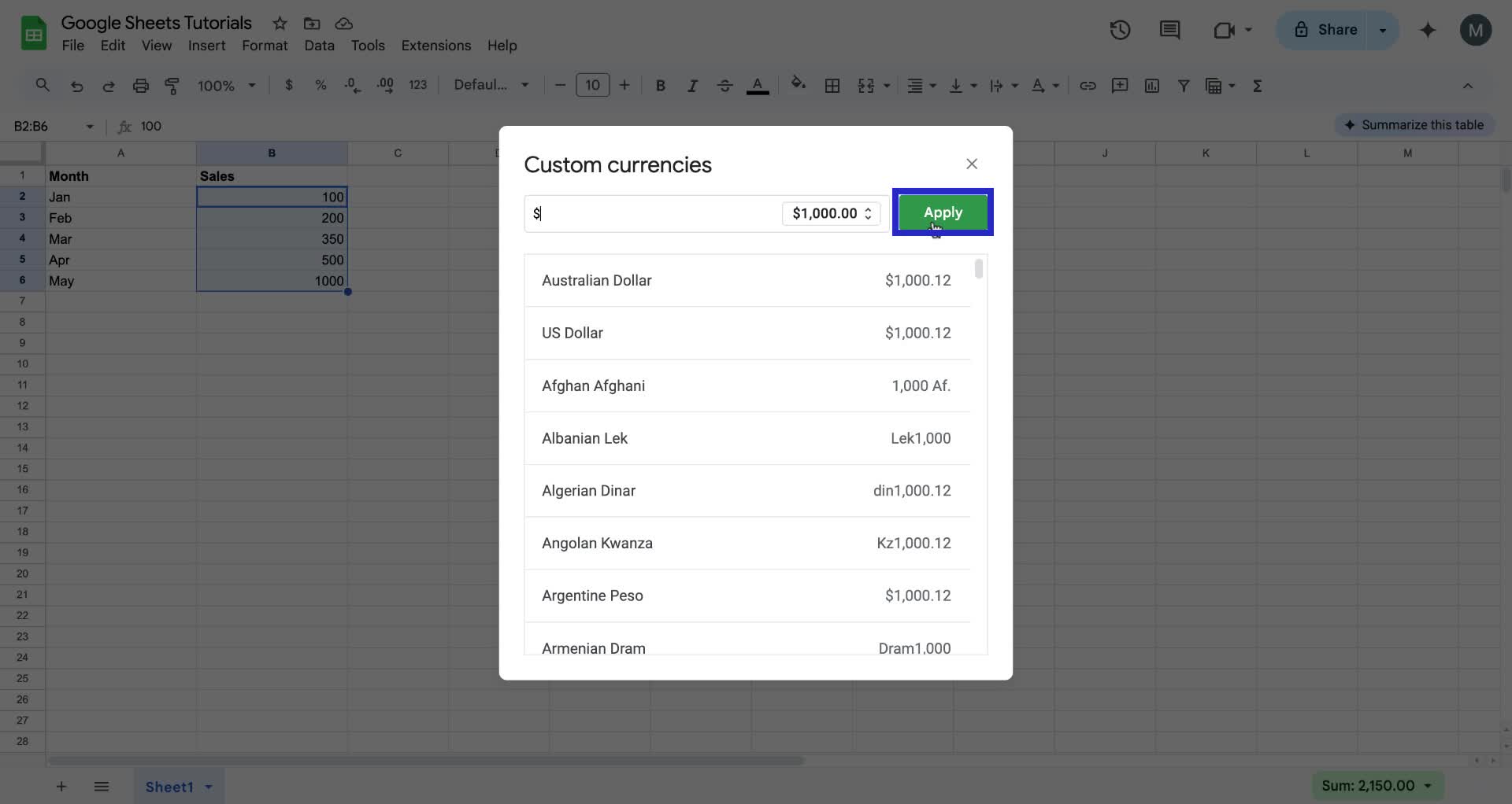 Screenshot of how to change currency in Google Sheets step 6