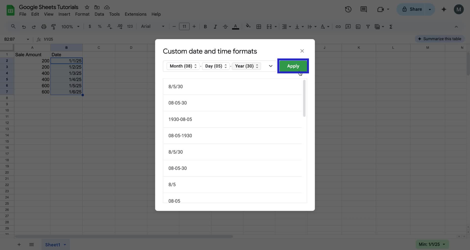 Screenshot of how to change date format in Google Sheets step 6