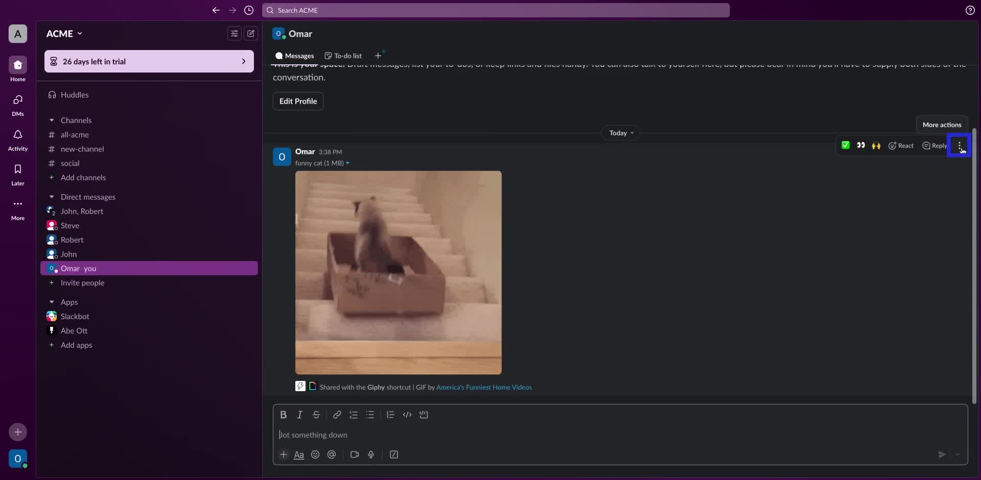 Screenshot of how to use Slack reminders step 1