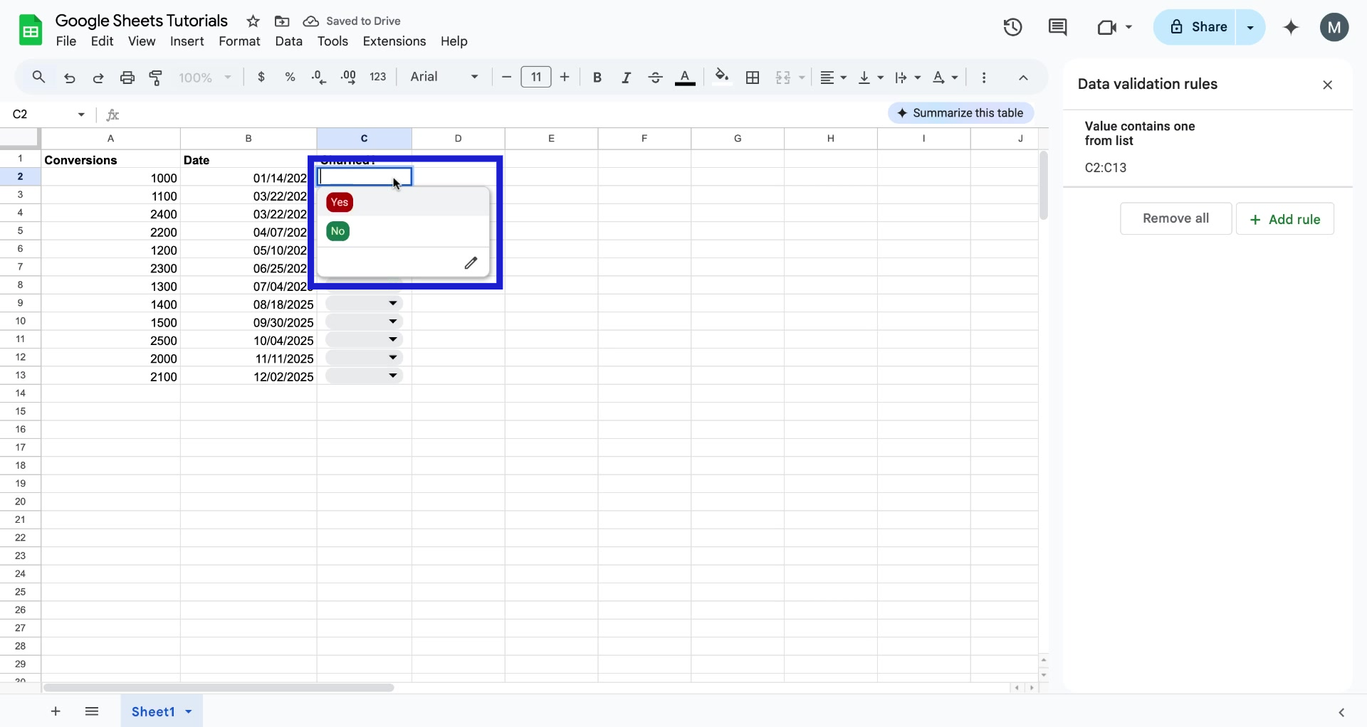 Screenshot of how to add dropdown lists in Google Sheets step 7