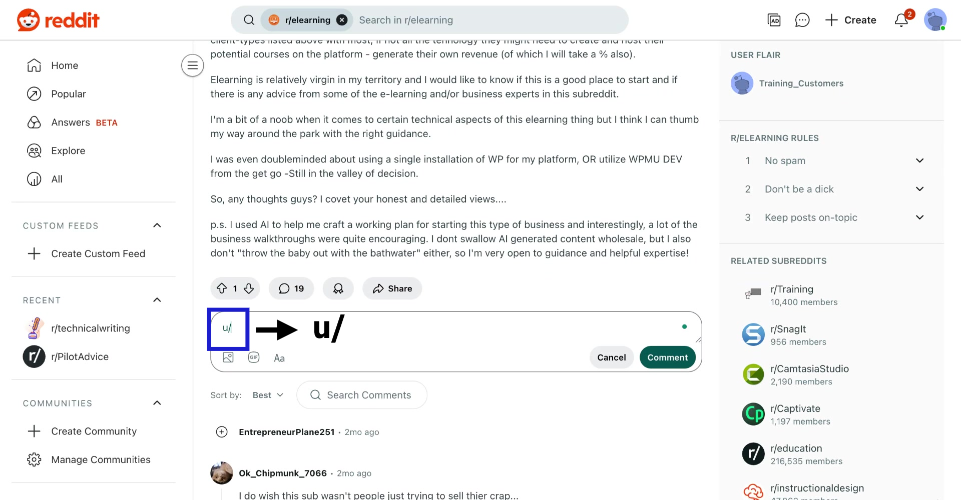 image of how to tag someone on reddit - step 2