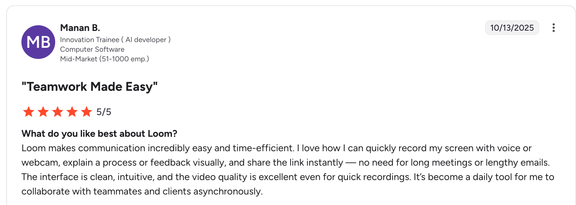 image of camtasia alternatives- Loom's G2 User review