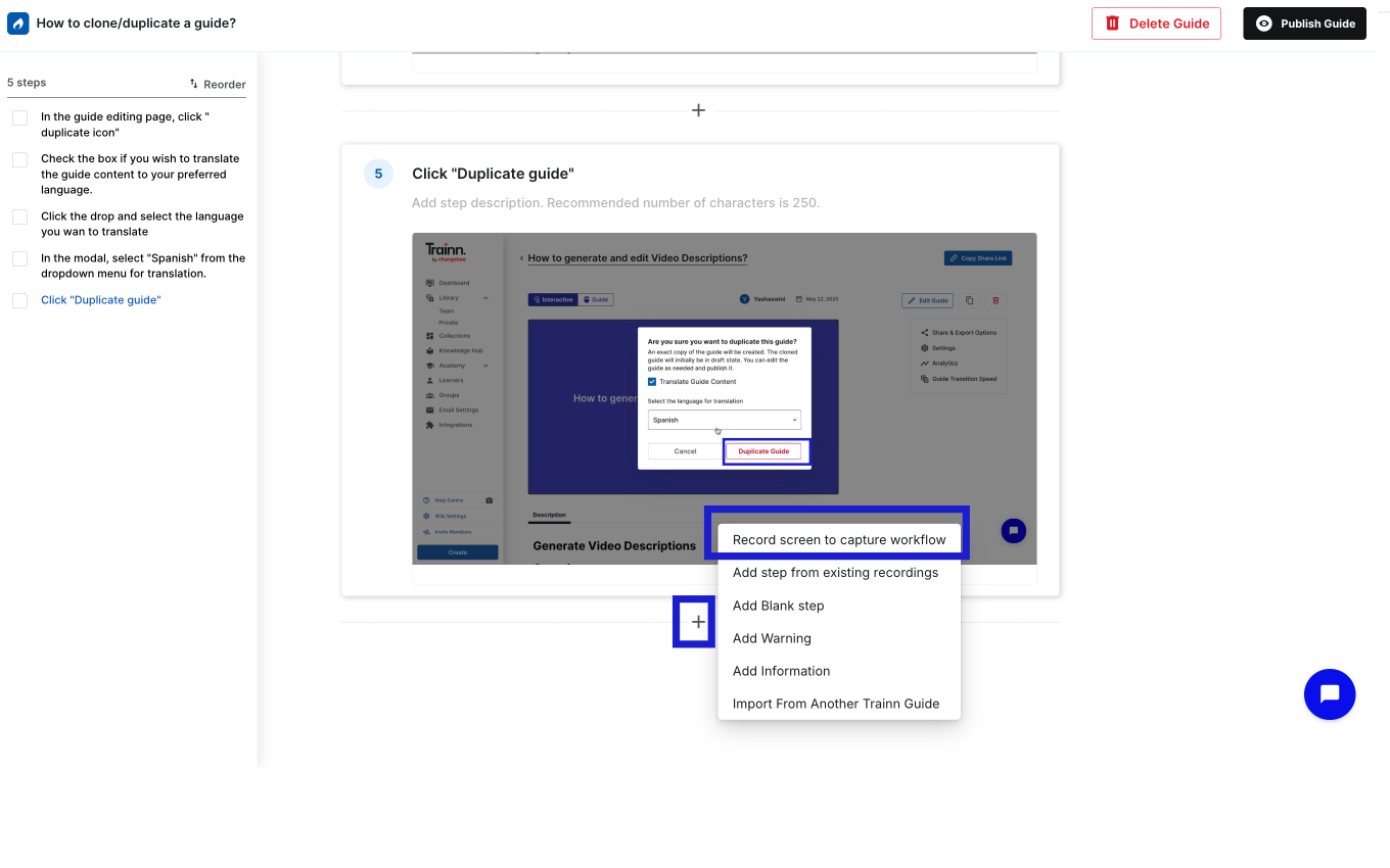 Image showing to Add a step and record the changed workflow