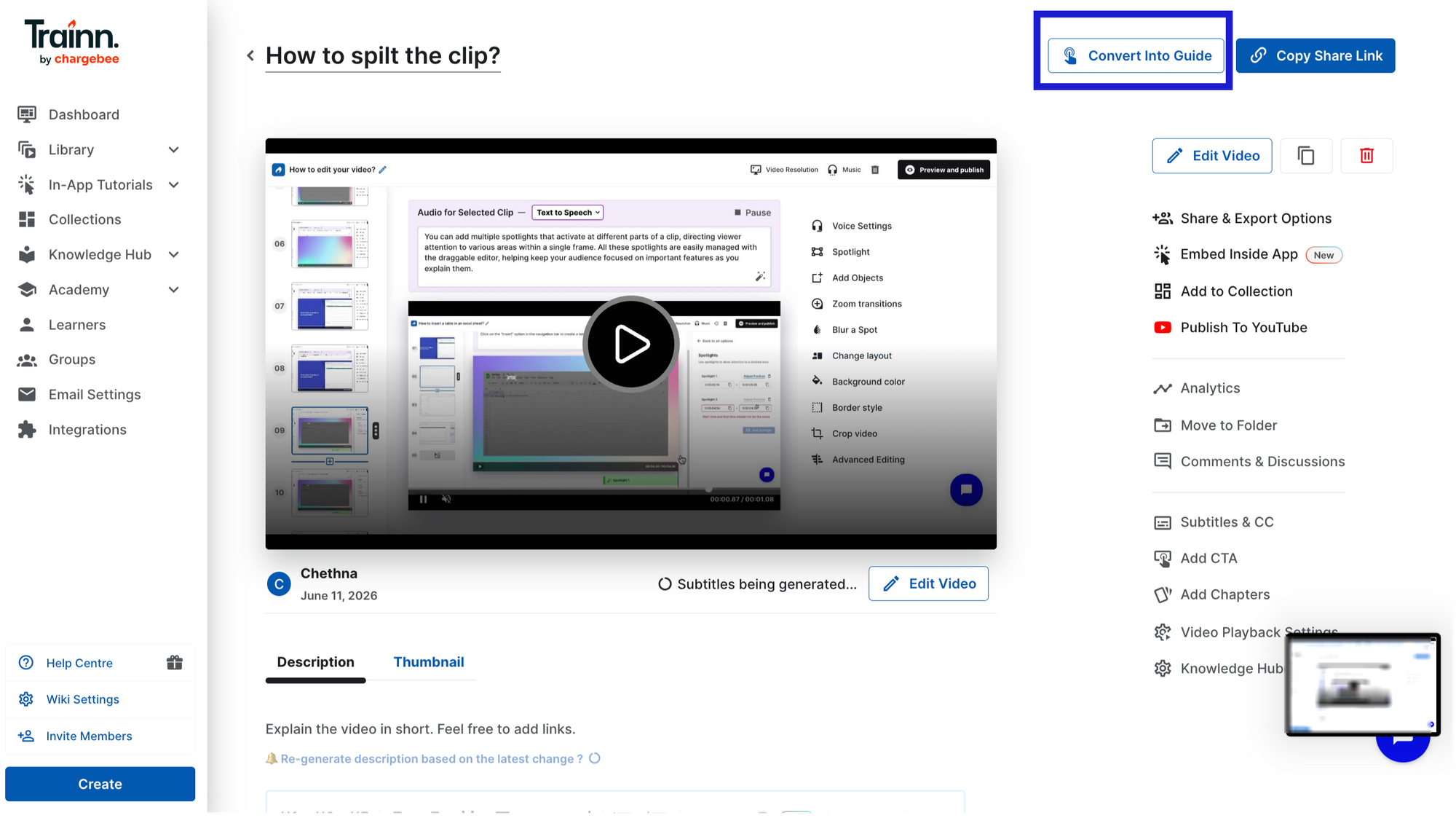 Trainn converting an uploaded Loom video into a numbered, annotated step-by-step guide with AI-generated descriptions and screenshots