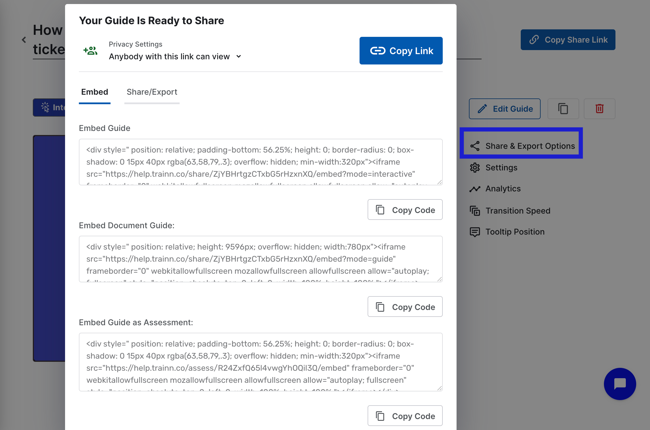 Trainn embed code tab showing copy-paste code to embed a step-by-step guide into a website or help center article
