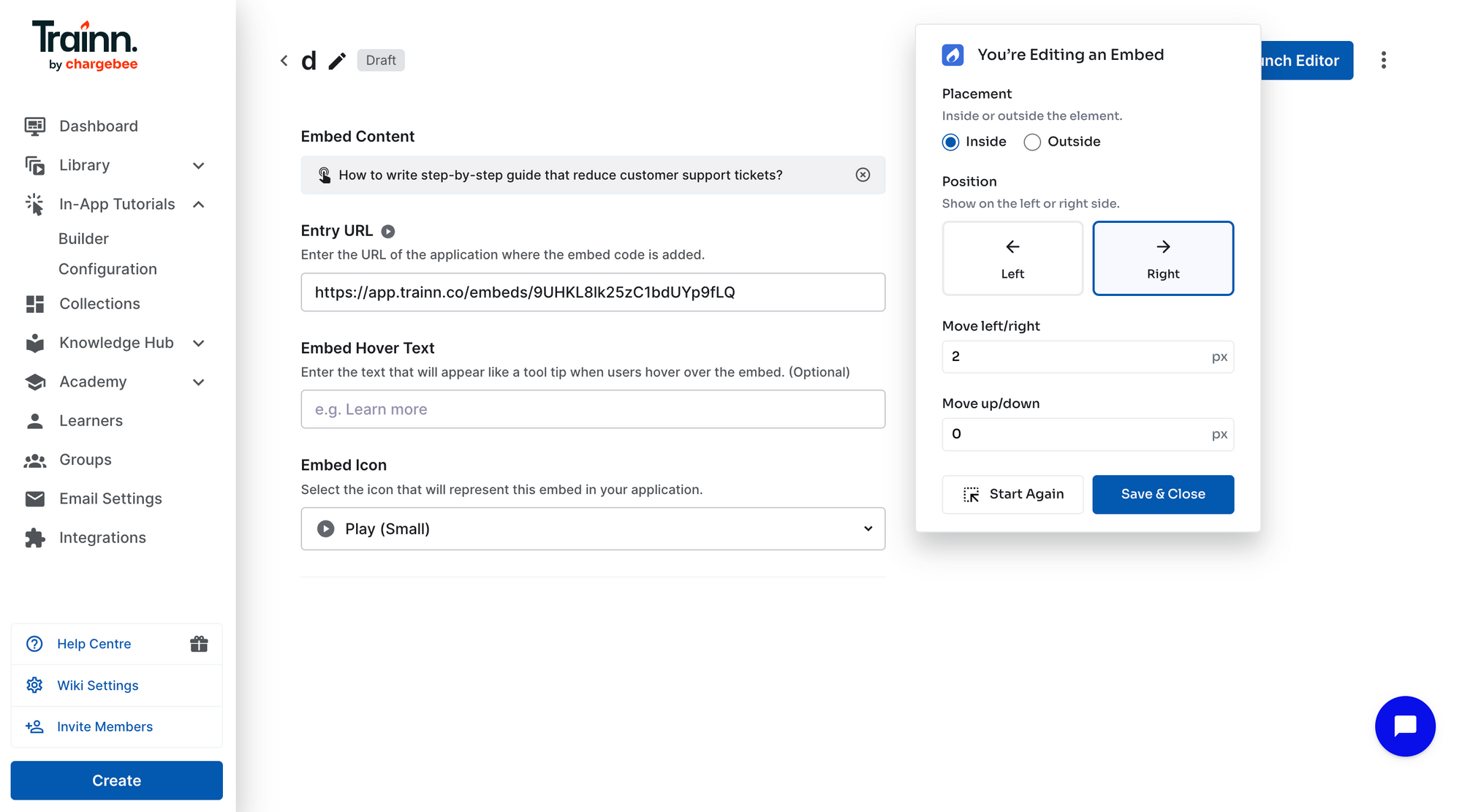 Trainn in-app editor launched inside a SaaS product, showing guide placement configuration and save options