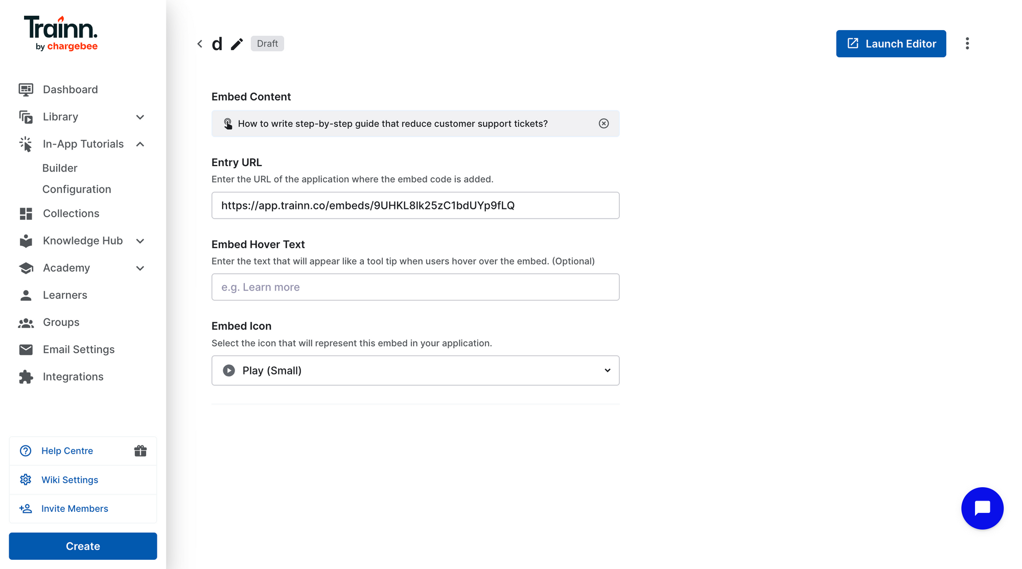 Trainn in-app tutorial builder setup showing application URL entry and embed icon selection for in-product guide delivery