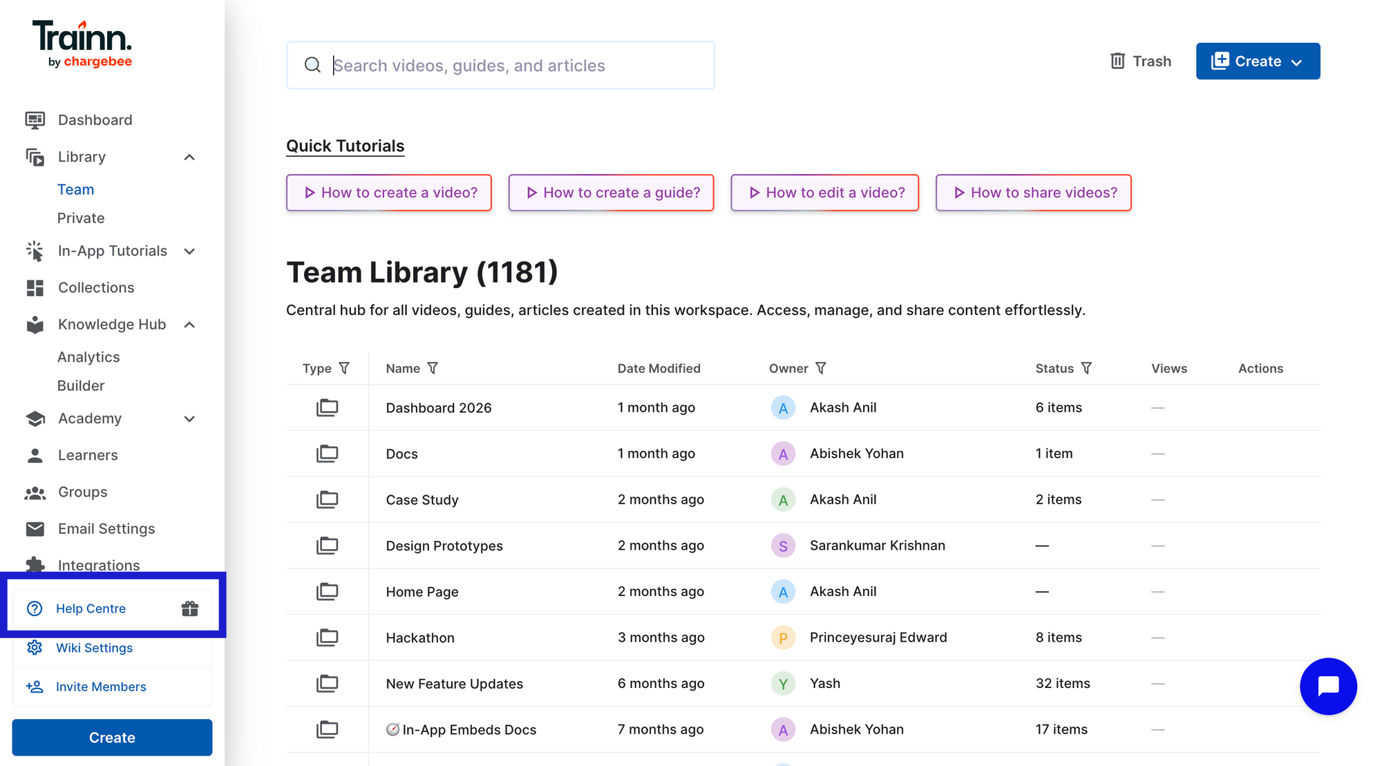 Trainn knowledge base widget embedded inside a product, giving customers a searchable self-serve step-by-step guide library