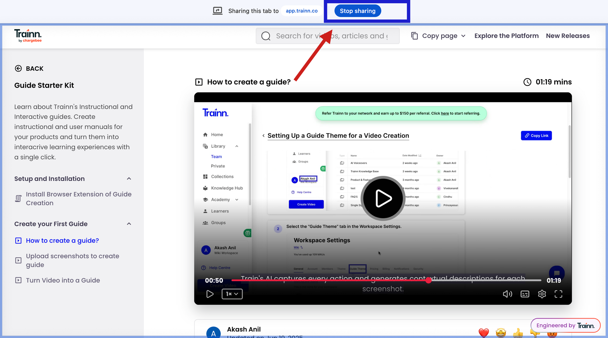 Trainn dashboard showing the Stop sharing button to end screen recording, after which Trainn auto-generates a step-by-step guide with annotated screenshots and contextual descriptions