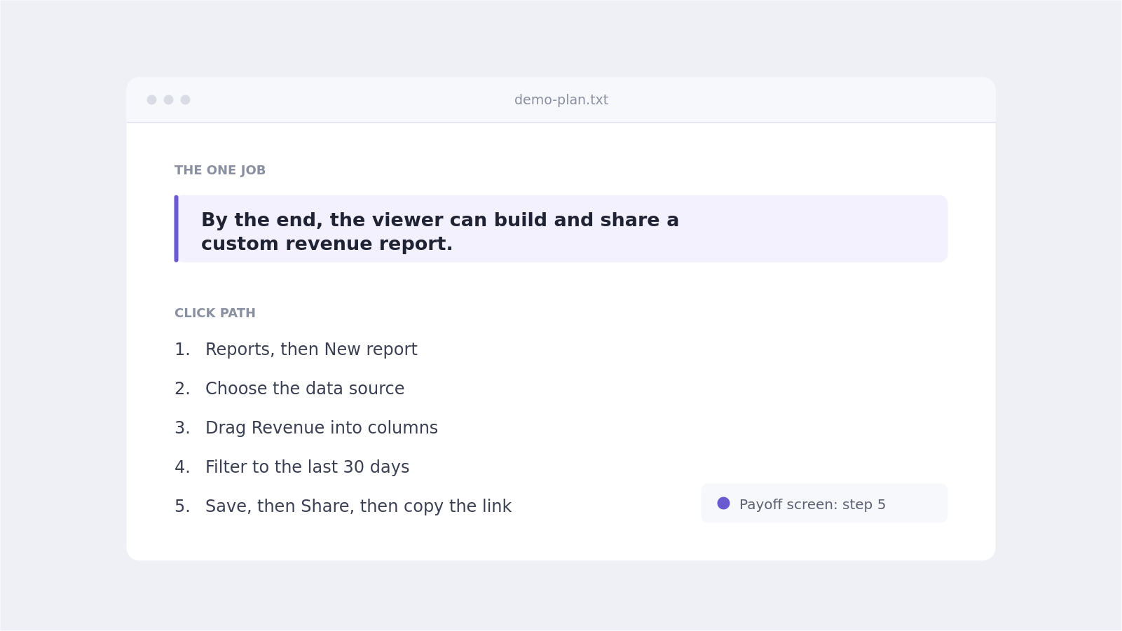 A one-sentence demo goal written above a five-step click list