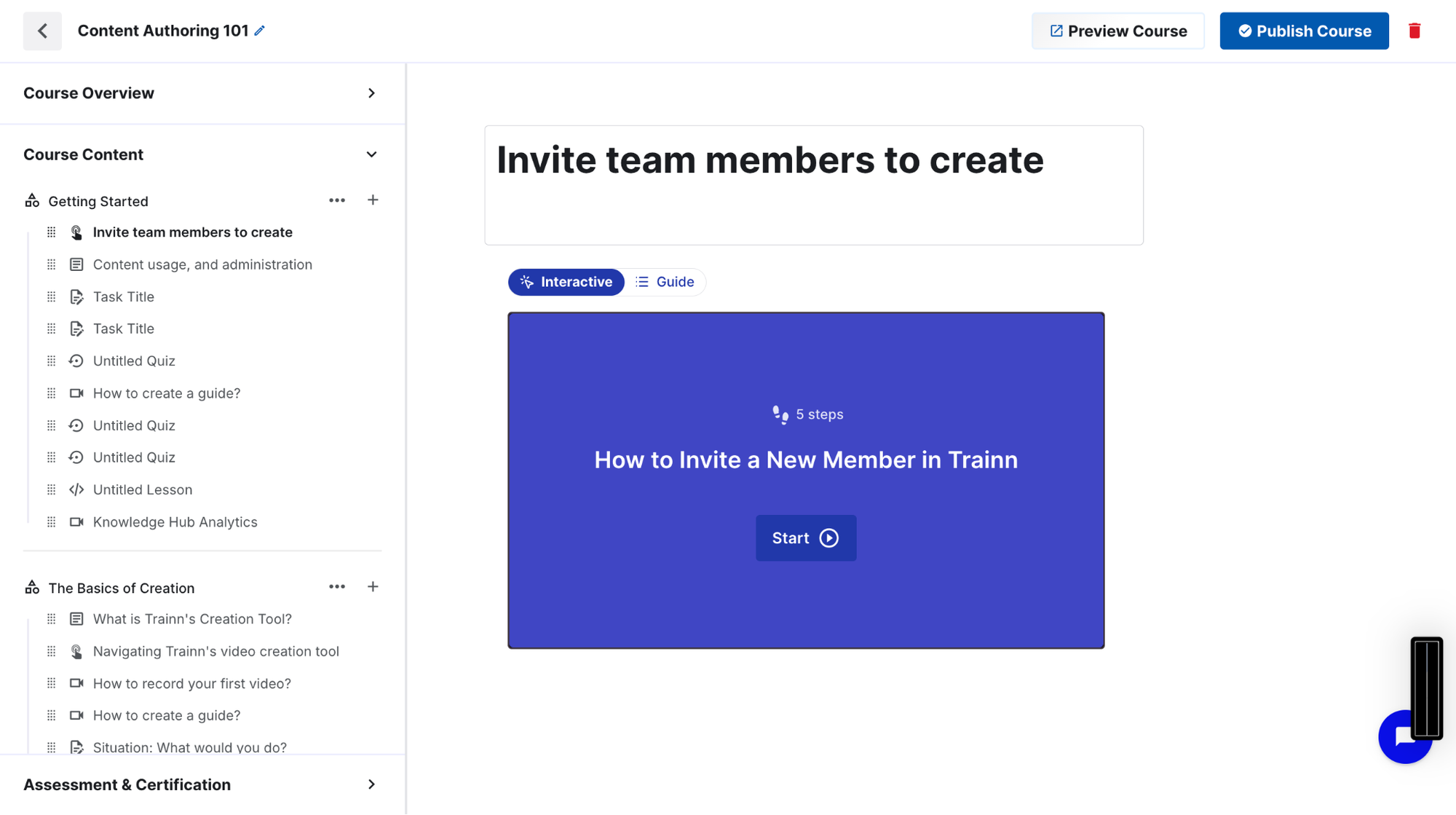 Trainn Course Builder assembling videos, guides, and articles into an interactive course with AI-generated quizzes and a completion certificate