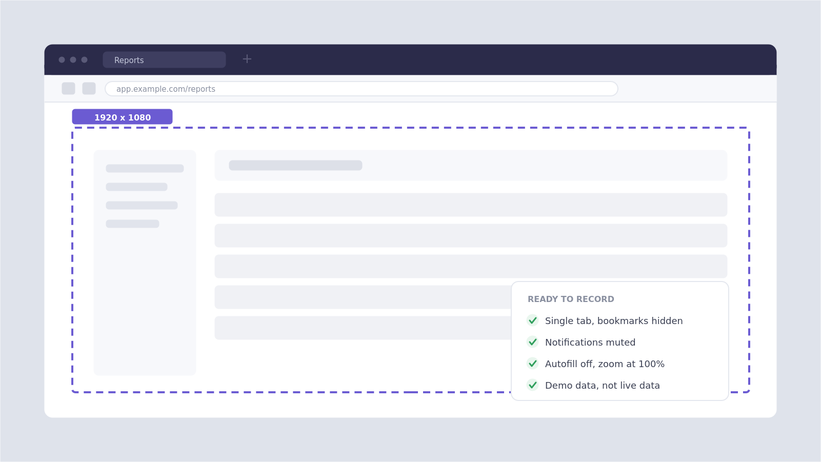A browser prepared for recording with tabs closed and notifications disabled