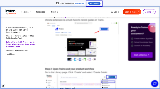 Trainn automatically generating a customer education video with zooms, spotlights, and AI voiceover narration after stopping the screen recording