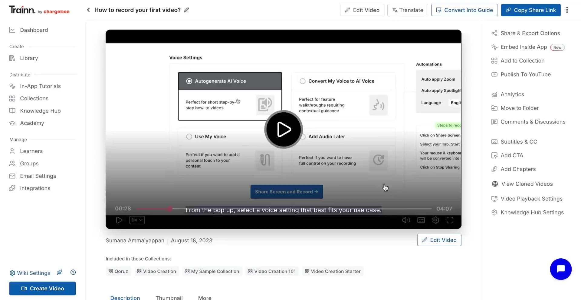 Trainn's auto-generated clip timeline after a screen recording stops