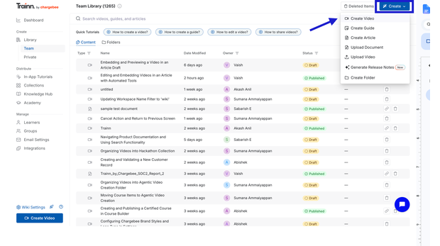 Trainn analytics dashboard tracking customer education video views and engagement over time to monitor and refine performance