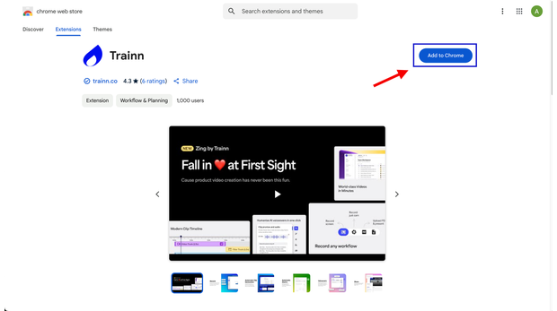 Installing the Trainn Chrome extension from the Chrome Web Store to start recording customer education videos