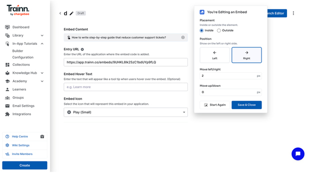 Trainn in-app editor launched inside a SaaS product, showing guide placement configuration and save options