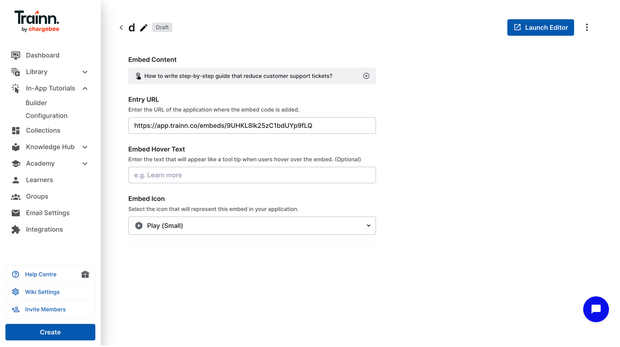 Trainn in-app tutorial builder setup showing application URL entry and embed icon selection for in-product guide delivery