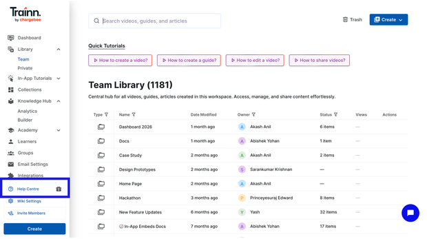 Trainn knowledge base widget embedded inside a product, giving customers a searchable self-serve step-by-step guide library