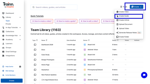 Trainn Library page showing the Create Guide option to begin building a step-by-step product guide