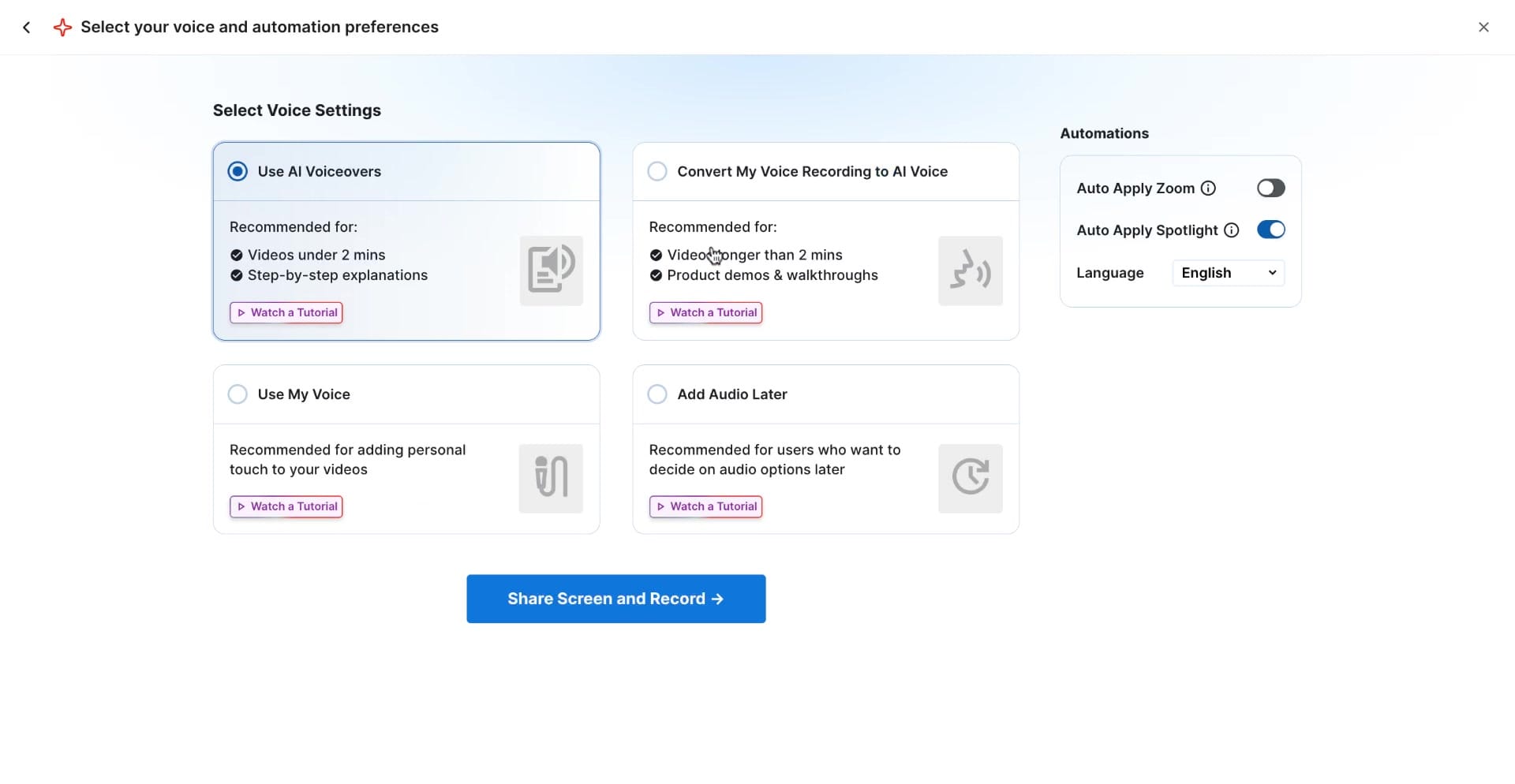 Selecting the capture area in Trainn's screen recorder before recording an onboarding video